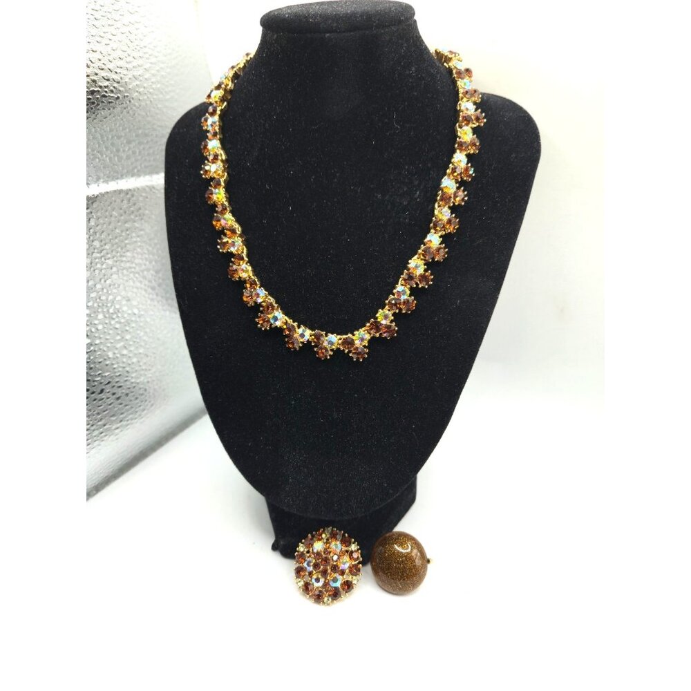All Signed Trifari Topaz AB Necklace Demi Parure + Bonus Earrings Set